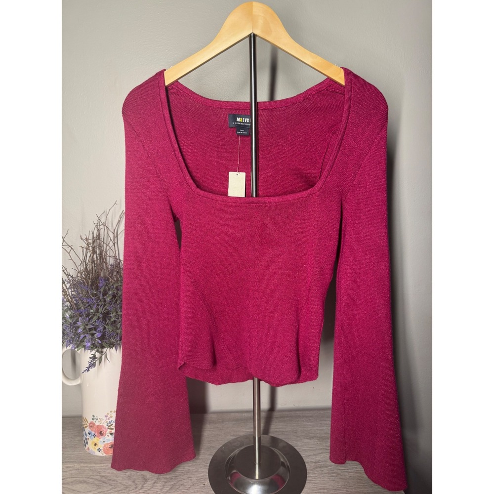 Anthropologie Maeve Magenta Pink Square Neck Bell Sleeve Metallic Sweater Top S